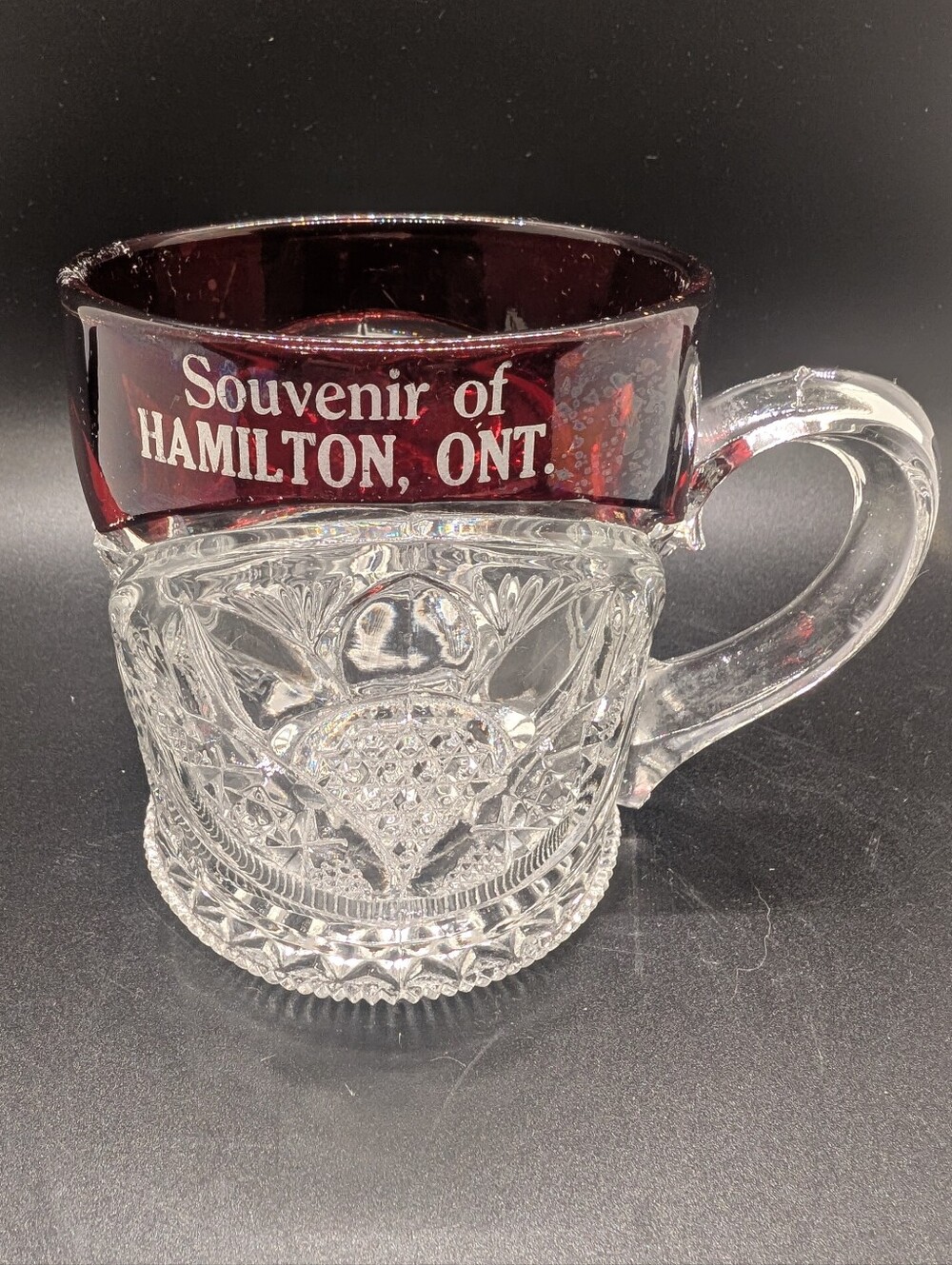 VINTAGE FLASH RUBY GLASS DRINKING CUP SOUVENIR HAMILTON ONTARIO CANADA